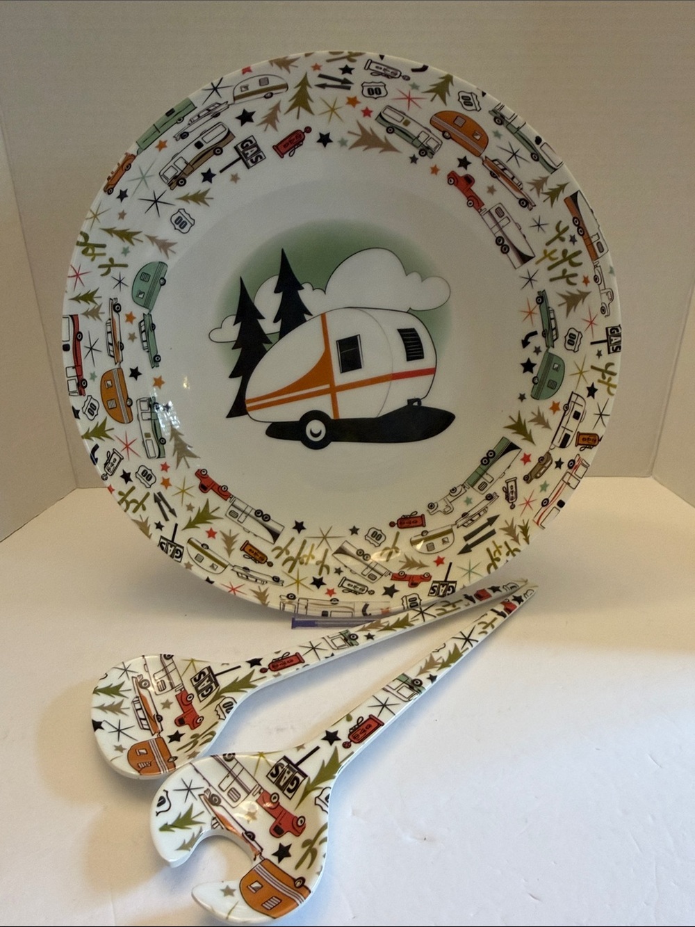 Camping Camper Pattern Serving Bowl and Utensils